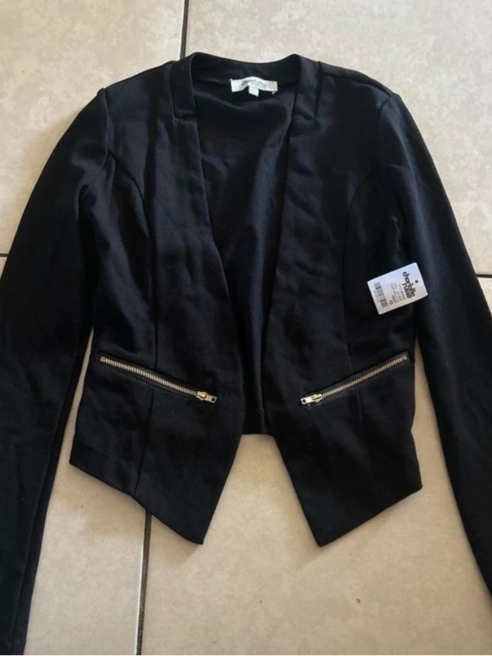 Charlotte Russe Black Open-Front Blazer with Gold Zippers
